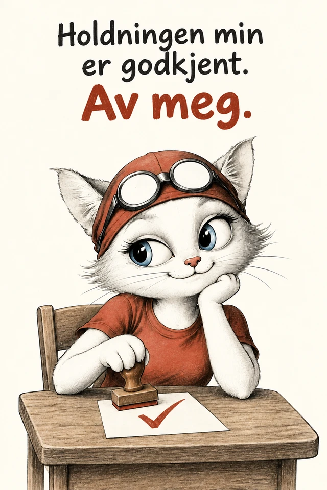 Holdningen min er godkjent. Av meg.