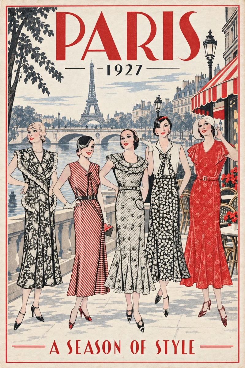 Paris 1927 fashion travel poster with five illustrated women and a distinct city setting