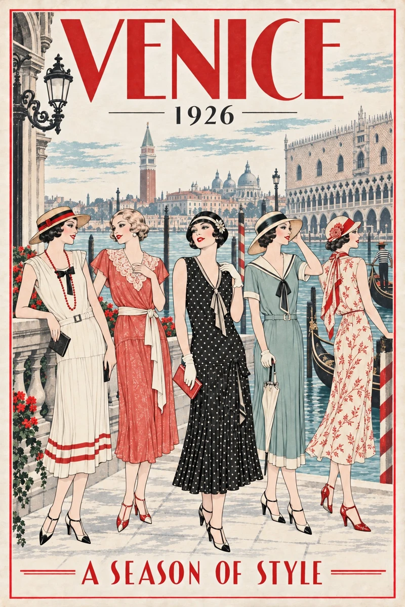 Venice 1926 fashion travel poster with five illustrated women and a distinct city setting