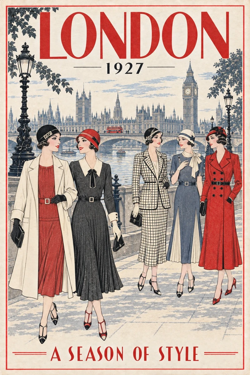 London 1927 fashion travel poster with five illustrated women and a distinct city setting