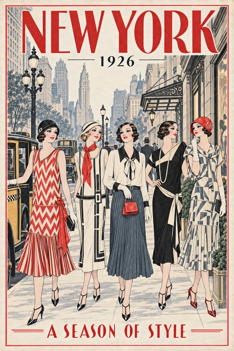 New York 1926 fashion travel poster with five illustrated women and a distinct city setting