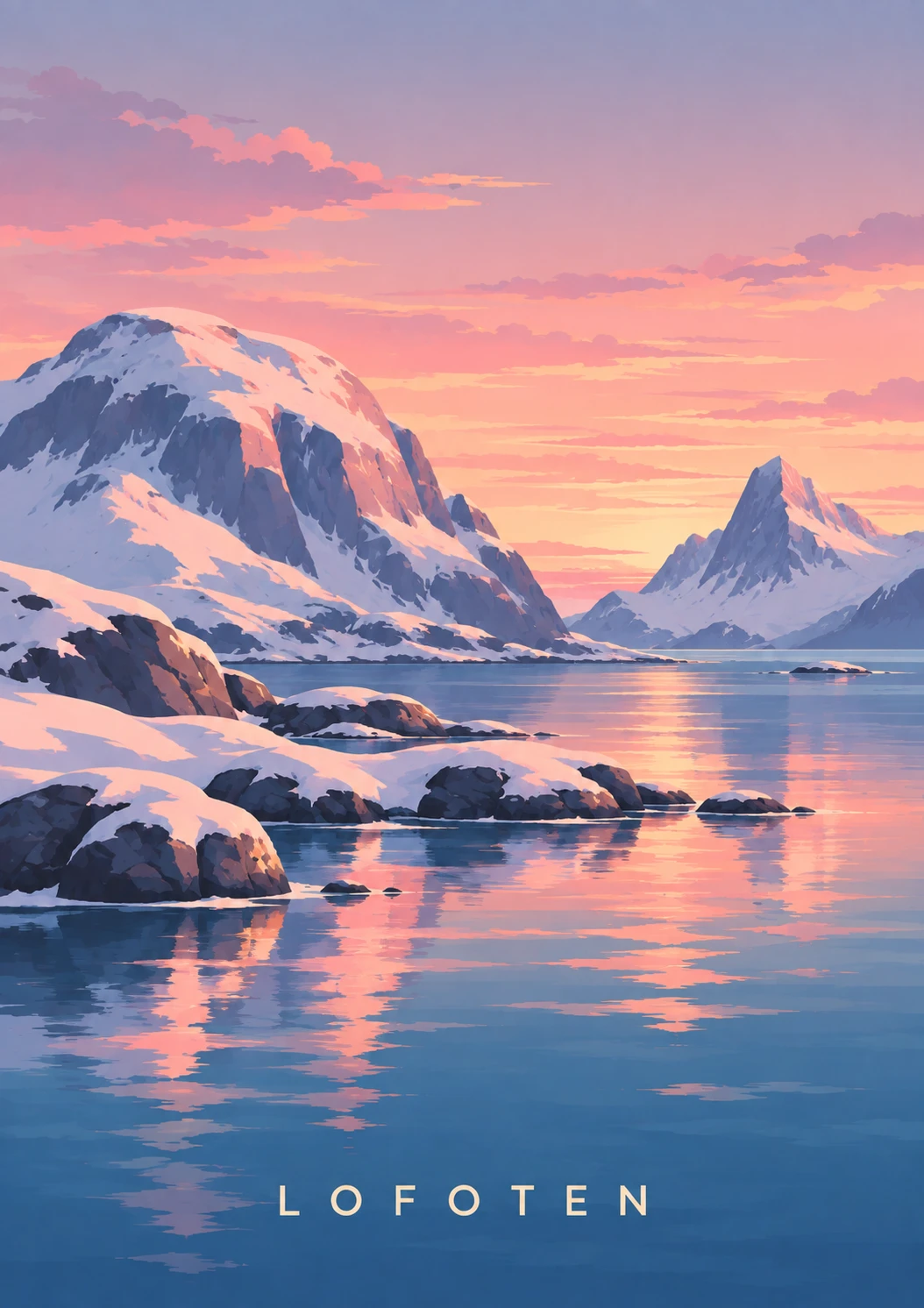 Pink Winter Dawn portrait illustration with LOFOTEN lettering