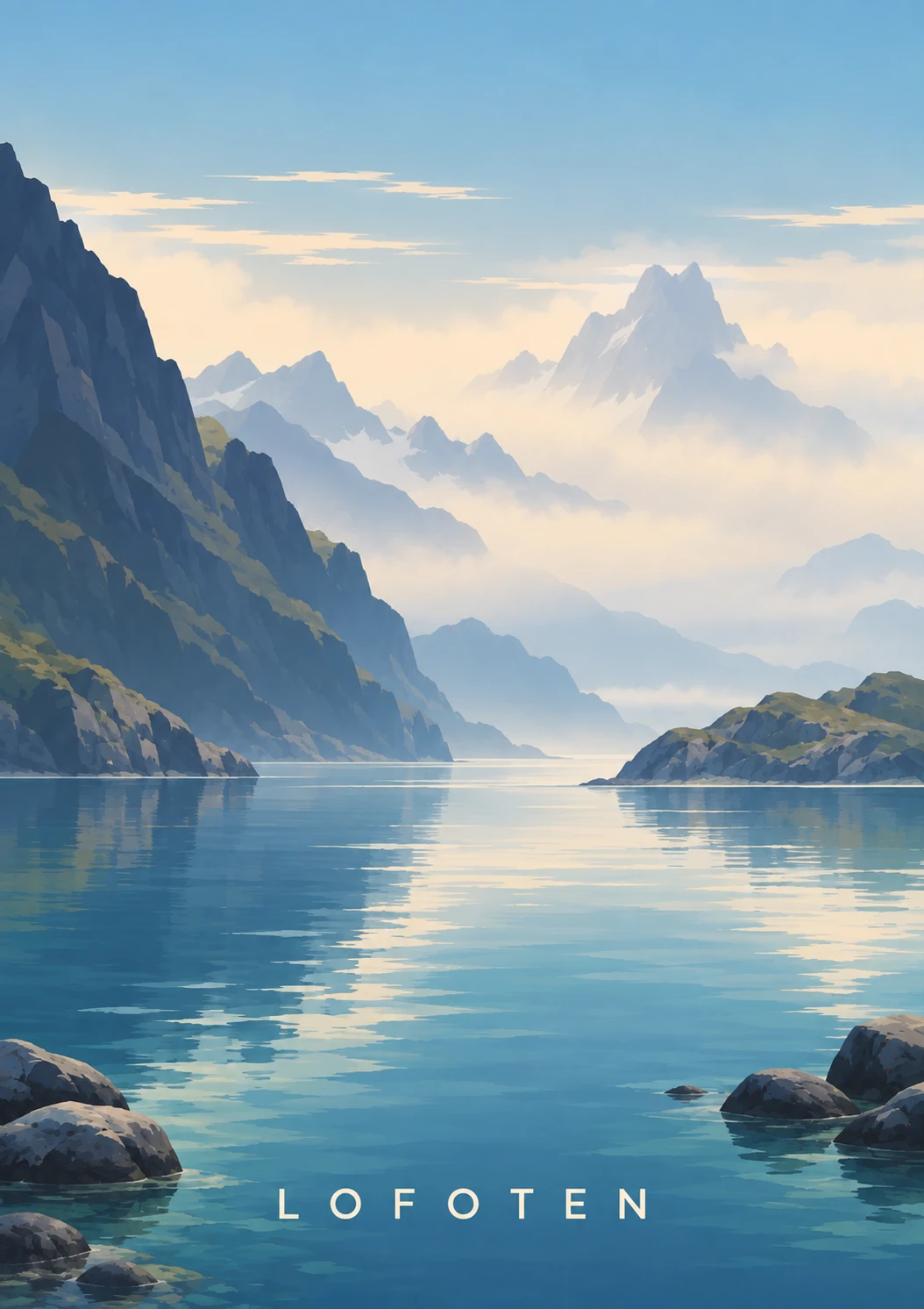 Misty Blue Fjord portrait illustration with LOFOTEN lettering