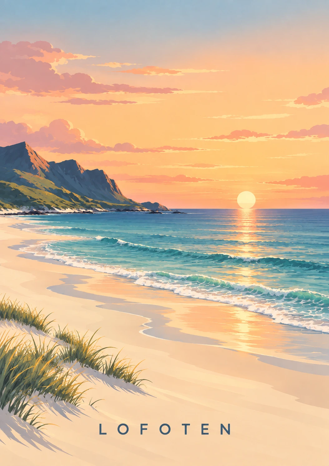 Midnight Sun portrait illustration with LOFOTEN lettering