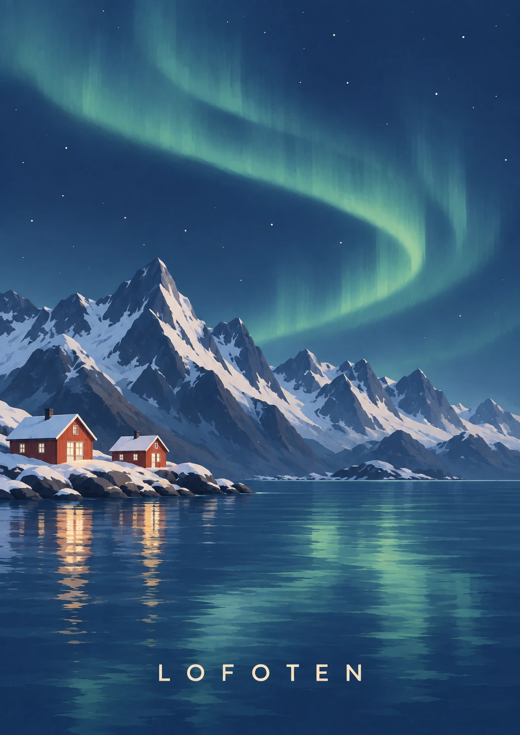 Northern Lights portrait illustration with LOFOTEN lettering