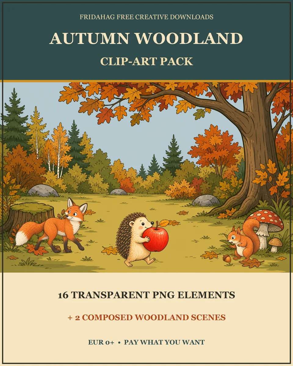 Autumn Woodland Clip-Art Pack cover showing a fox, a hedgehog carrying a red apple and a squirrel with an acorn