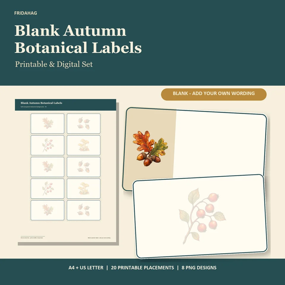 Blank Autumn Botanical Labels cover showing an A4 printable sheet, a full-colour oak and acorn label, and a pale berry-sprig watermark label