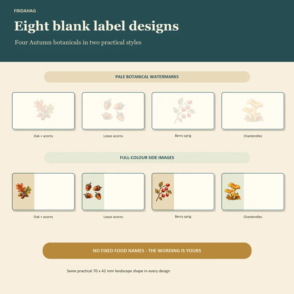 All eight blank label designs: four pale botanical watermarks and four full-colour botanical side images