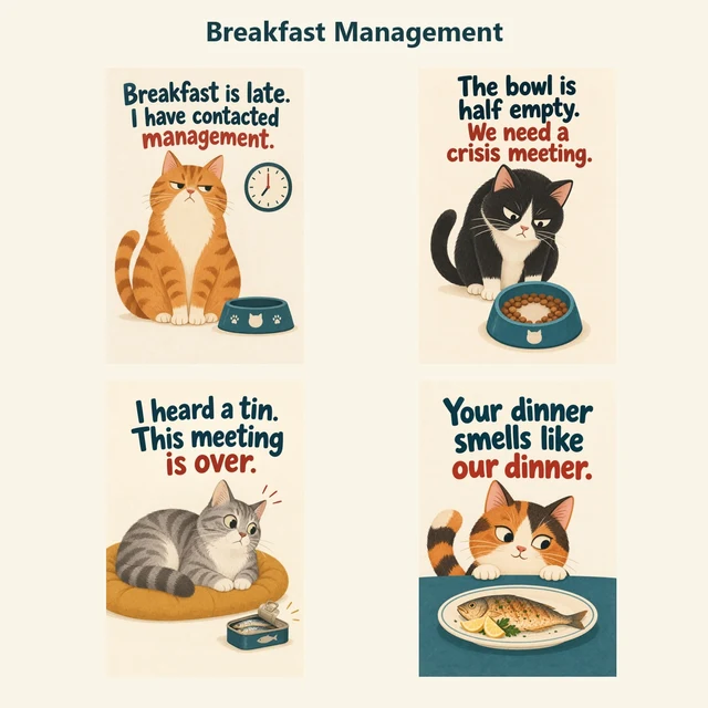 Breakfast Management: four cat poster designs
