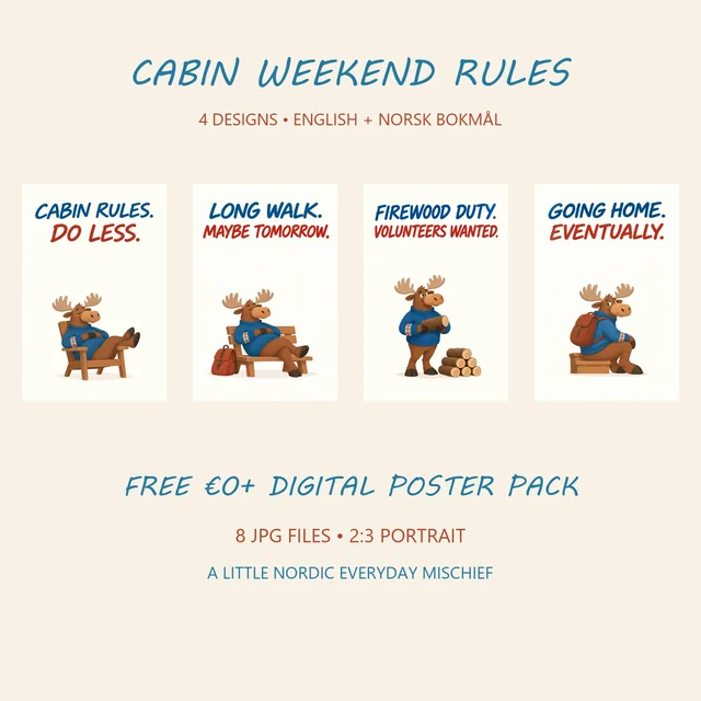 Four humorous Scandinavian-style Cabin Weekend Rules poster designs with cream backgrounds and blue-and-red lettering