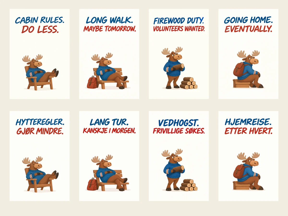 Bilingual gallery: four Cabin Weekend Rules designs in English and Norwegian Bokmål