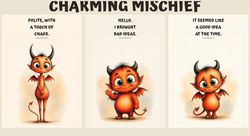Three illustrated orange storybook devils with funny quotes about politeness, bad ideas and harmless mischief