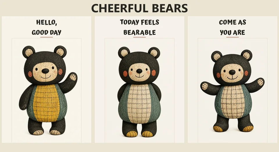 Three Cheerful Bears printable posters reading Hello Good Day, Today Feels Bearable and Come As You Are