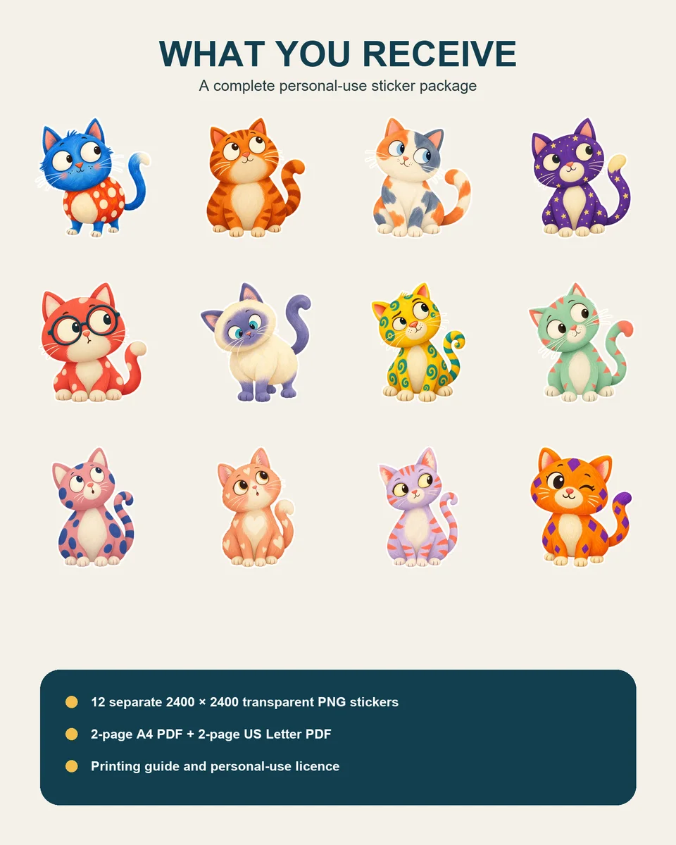 The twelve Curious Cats characters with the exact transparent PNG and printable PDF package contents.