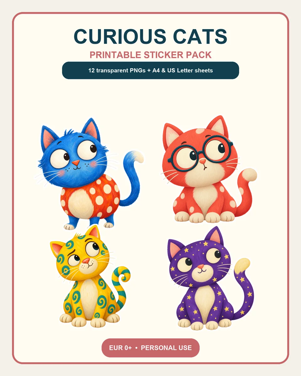 Twelve distinct painterly cat sticker characters in colourful blue, ginger, calico, purple, coral, lavender, yellow, mint, pink, peach, lilac and orange designs.