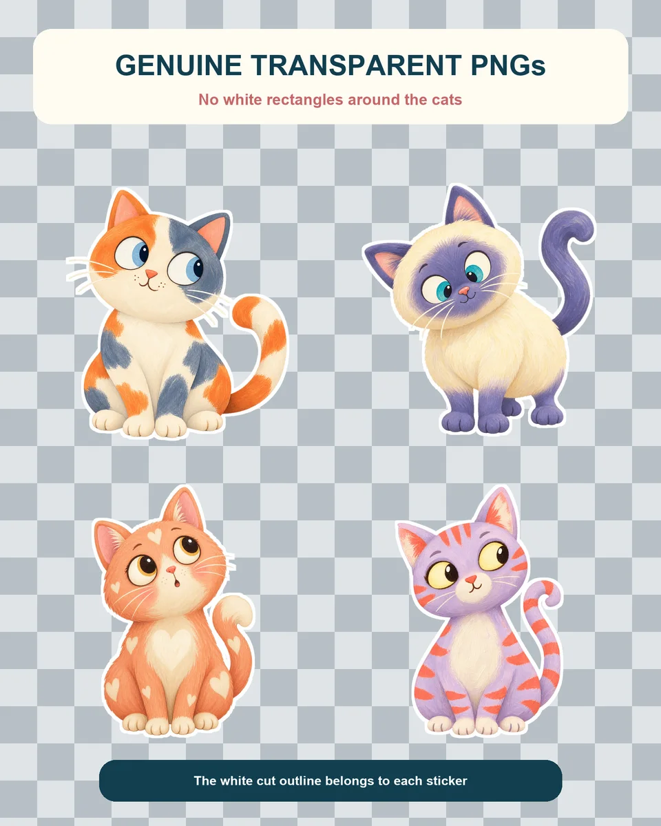 Curious Cats stickers displayed over colour and checkerboard panels to demonstrate genuine transparency.