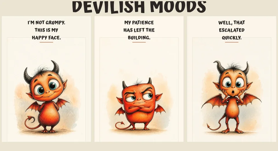 Three illustrated orange storybook devils with funny quotes about grumpiness, patience and things escalating quickly