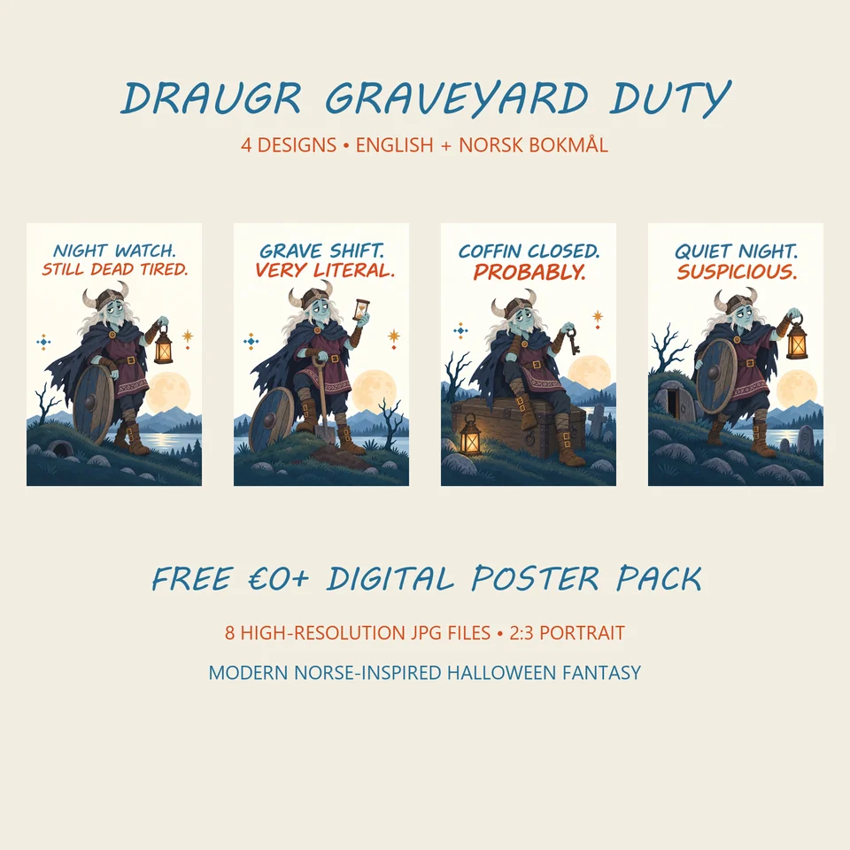 Four flat Scandinavian Halloween posters featuring a humorous Draugr graveyard watchman