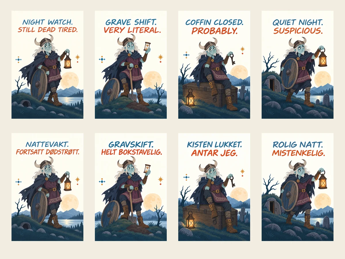 Bilingual gallery showing four designs in English and Norwegian Bokmål: four flat scandinavian halloween posters featuring a humorous draugr graveyard watchman