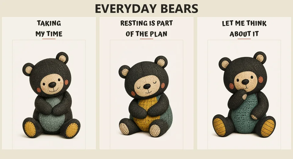 Three Everyday Bears printable posters reading Taking My Time, Resting Is Part of the Plan and Let Me Think About It