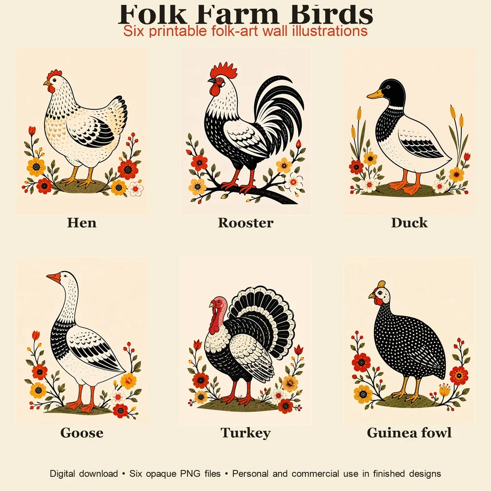 Preview grid of six warm cream folk-art bird prints showing a hen, rooster, duck, goose, turkey and spotted guinea fowl