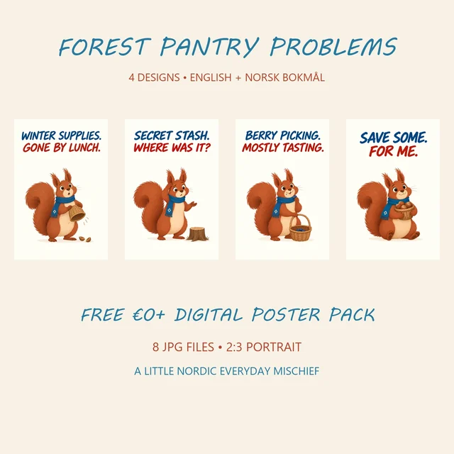 Four humorous Scandinavian-style Forest Pantry Problems poster designs with cream backgrounds and blue-and-red lettering