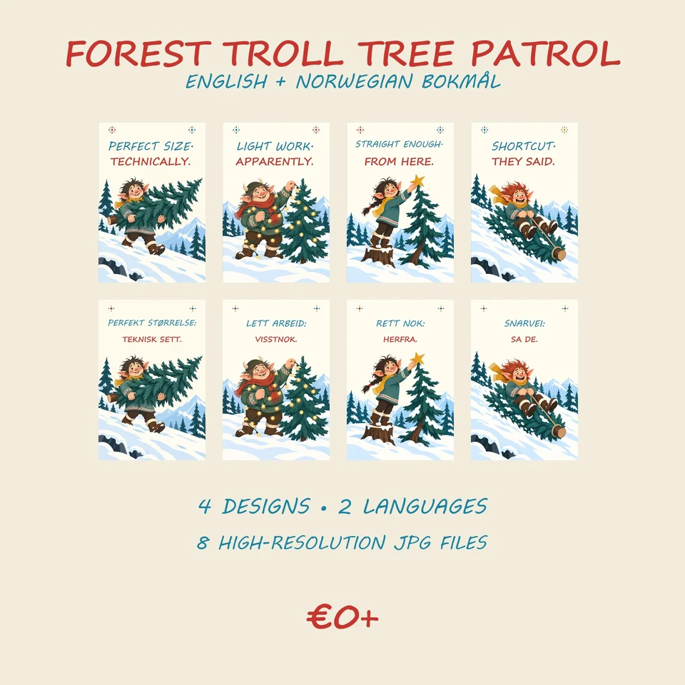 Four printable Christmas posters showing forest trolls with trees and decorations in snowy Nordic scenes