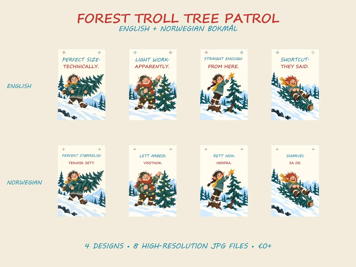 English and Norwegian Bokmål previews of the four coordinated Christmas poster designs