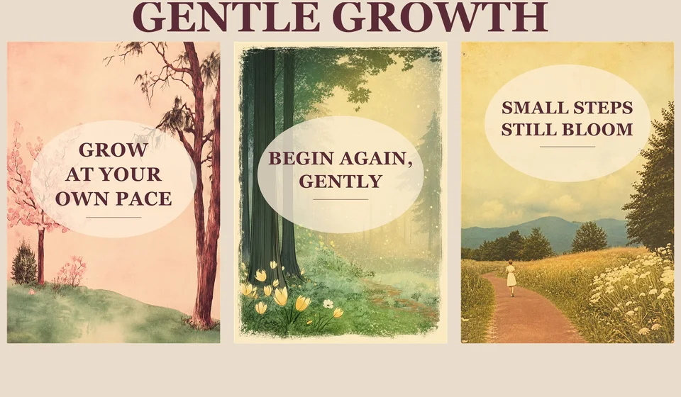 Three Gentle Growth spring affirmation posters about growing at your own pace, beginning again gently and taking small steps