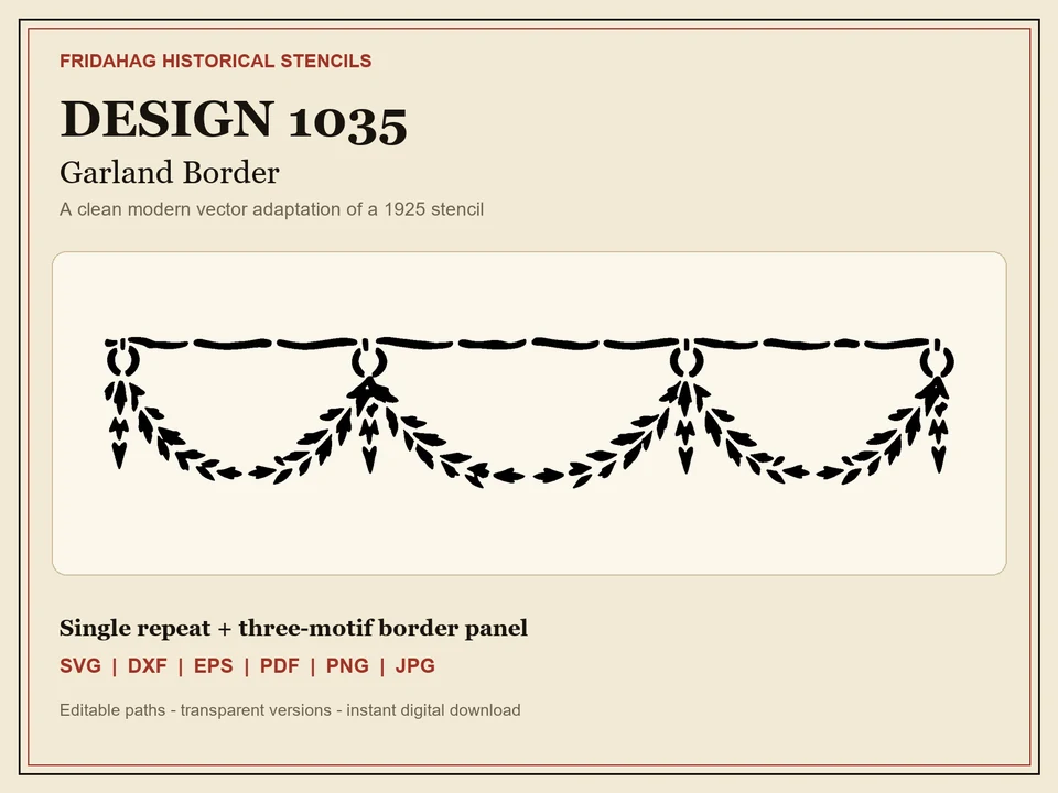 Black 1925 garland border stencil redraw with hanging leaf and pendant motifs on warm ivory