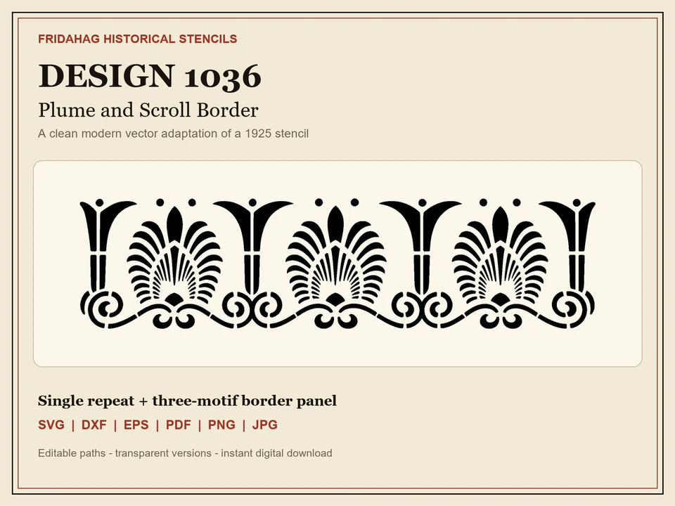 Black 1925 plume and scroll border stencil redraw with fan-shaped centre on warm ivory