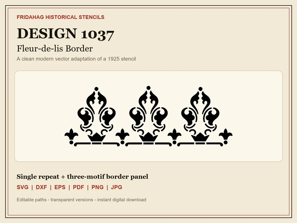 Black 1925 fleur-de-lis border stencil redraw with crown-like base details on warm ivory