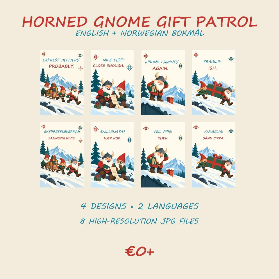 Four printable Christmas posters showing horned gnomes delivering gifts in snowy Nordic scenes