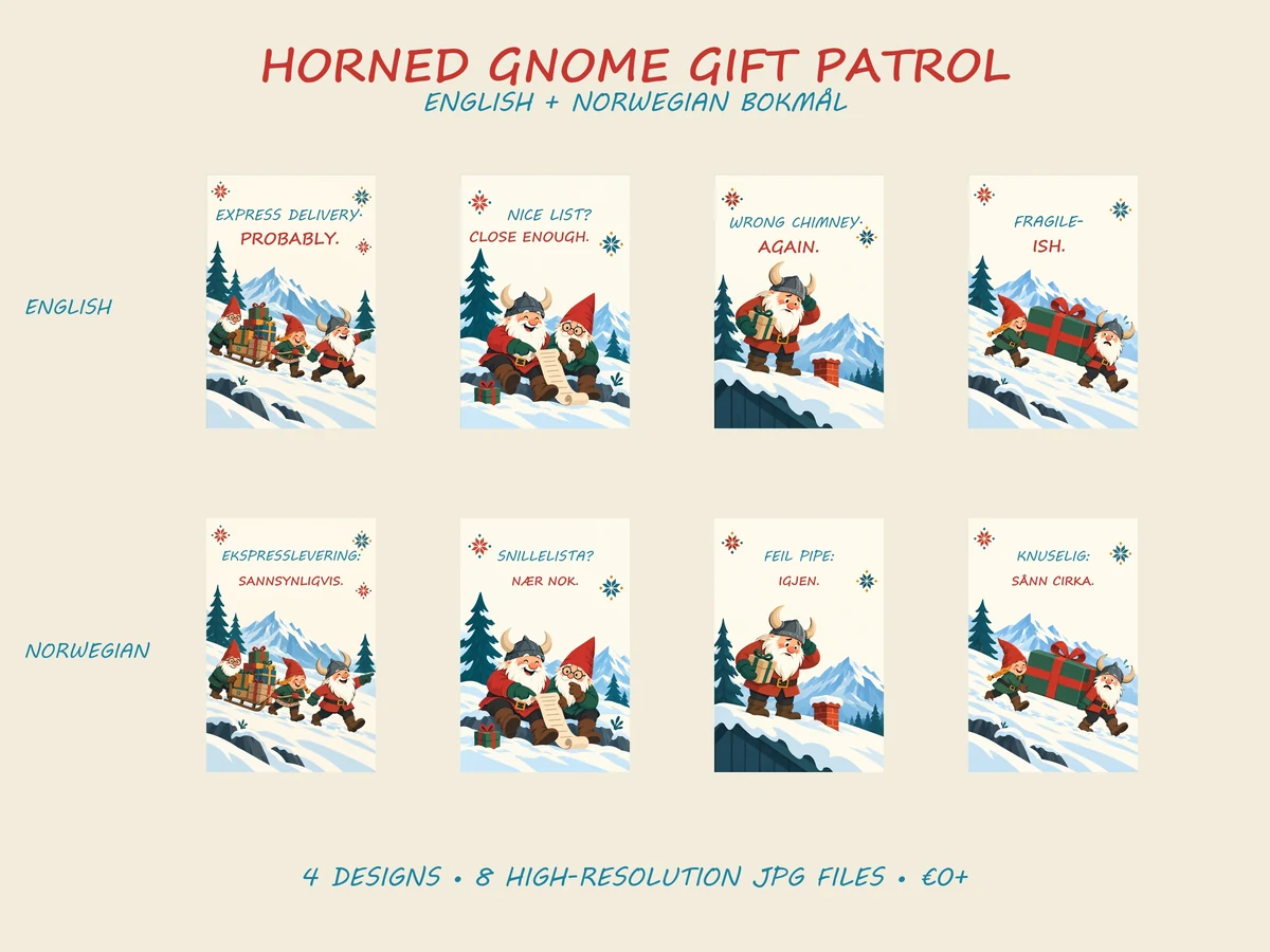 English and Norwegian Bokmål previews of the four coordinated Christmas poster designs