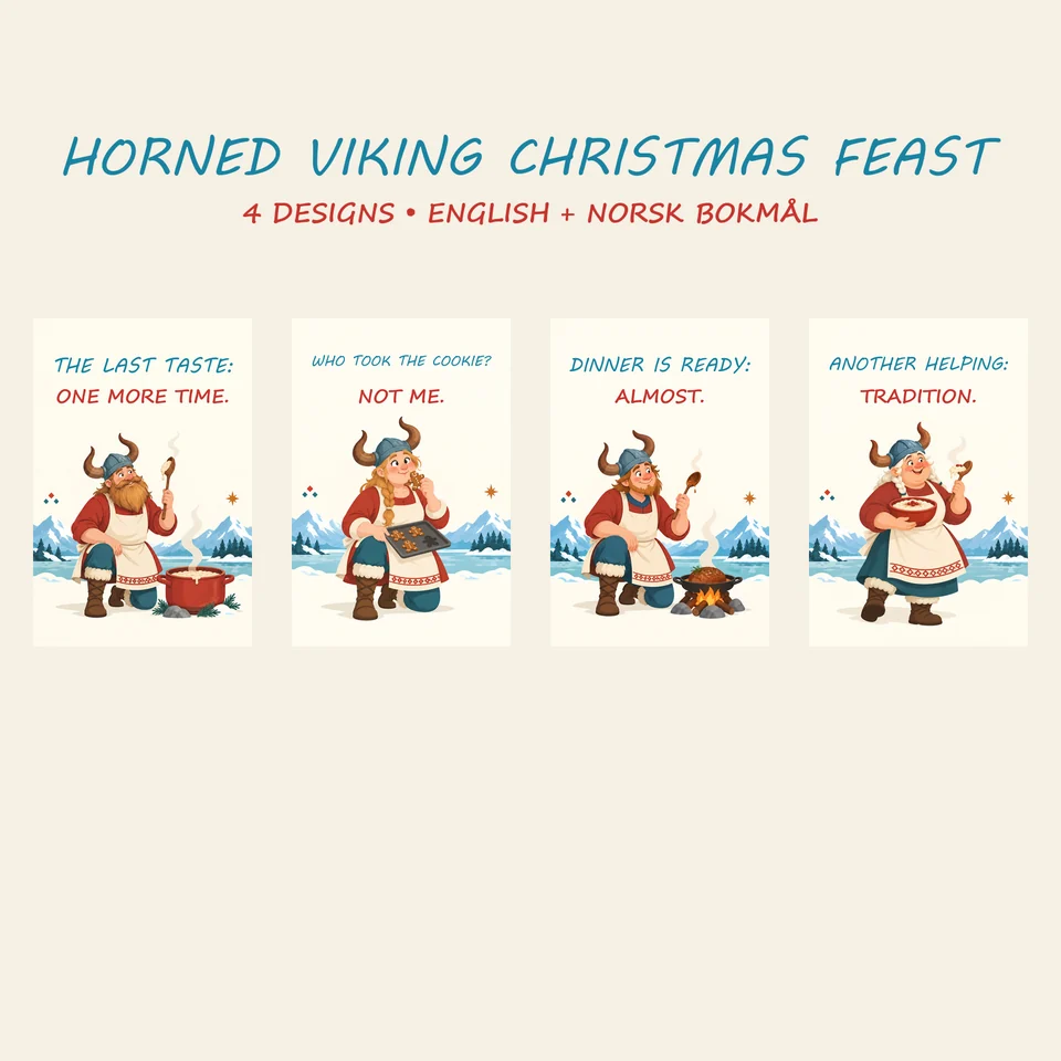 Four flat Scandinavian Christmas posters featuring horned Viking cooks with porridge, gingerbread and dinner