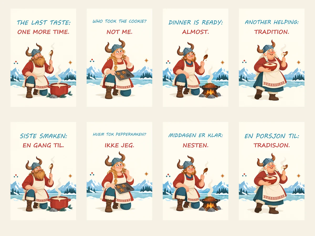 Bilingual gallery showing all eight four flat scandinavian christmas posters featuring horned viking cooks with porridge, gingerbread and dinner