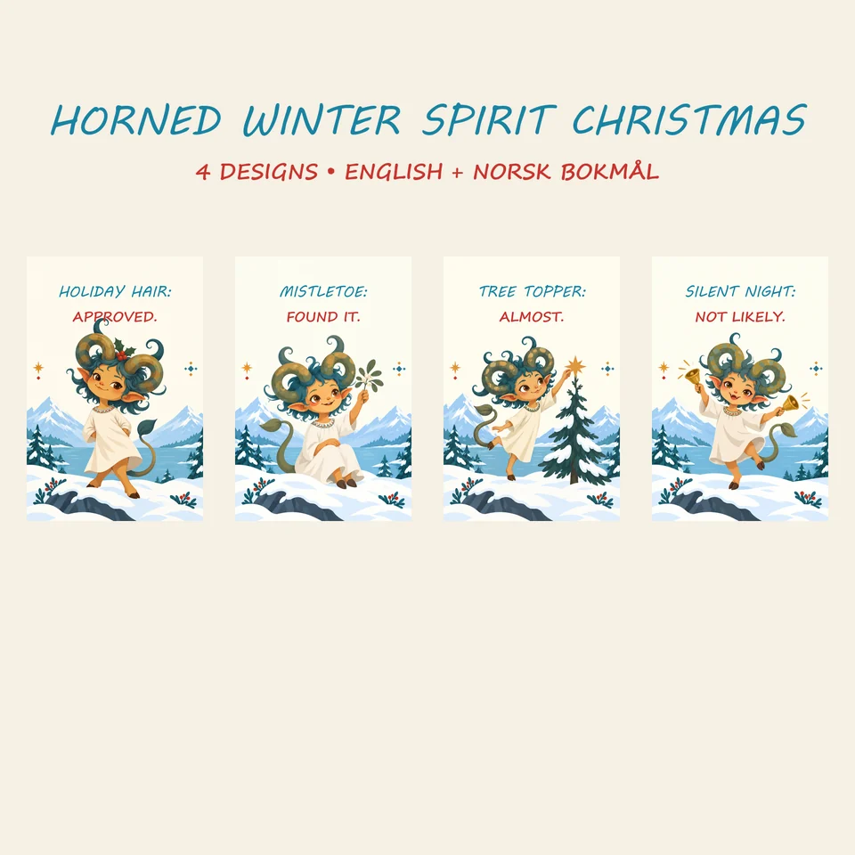 Four flat Scandinavian Christmas posters featuring horned winter spirits with mistletoe and Christmas trees