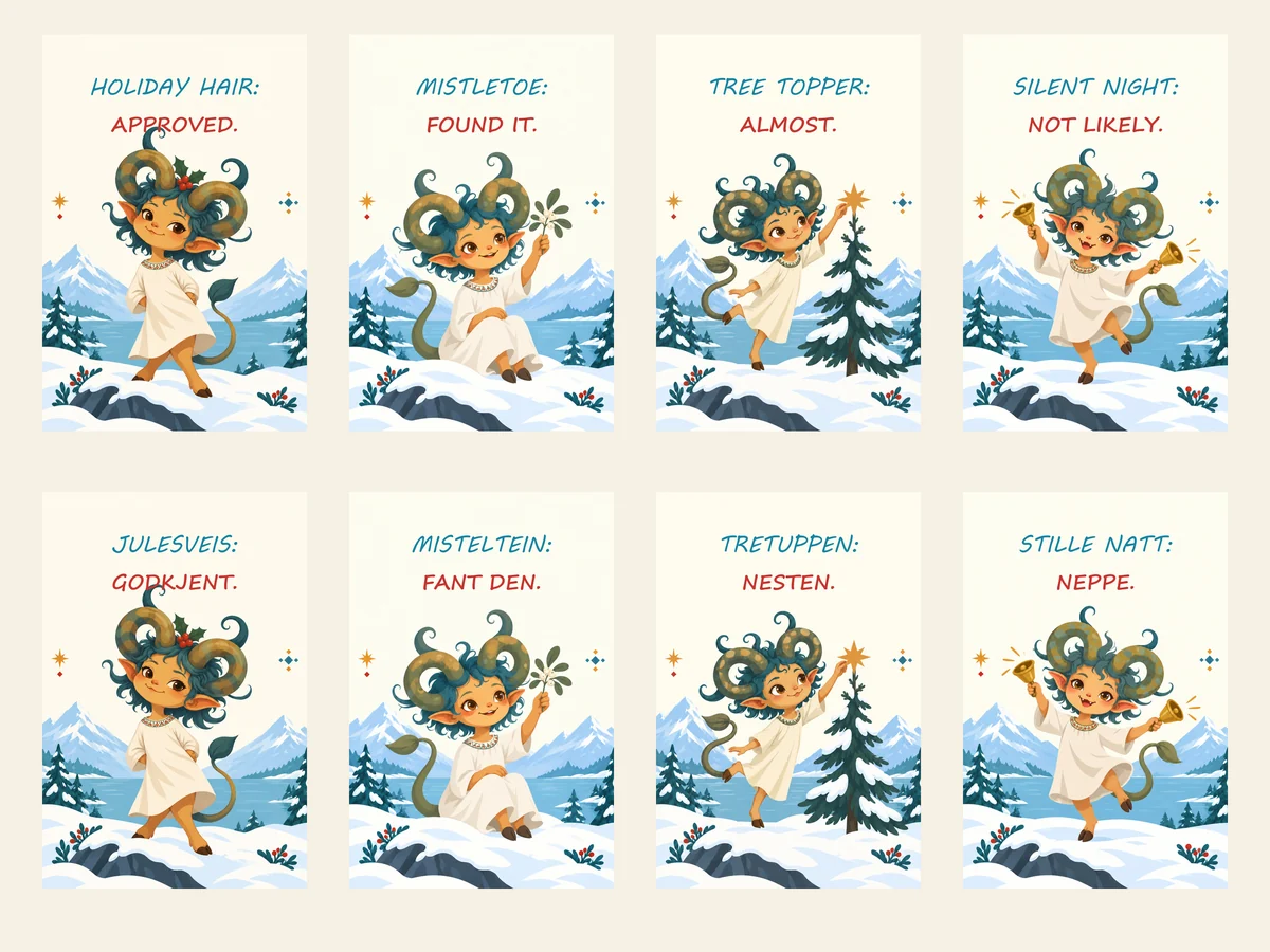 Bilingual gallery showing all eight four flat scandinavian christmas posters featuring horned winter spirits with mistletoe and christmas trees