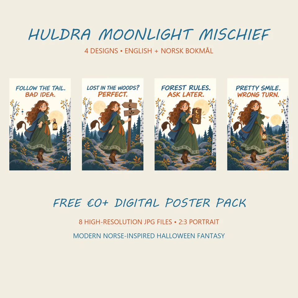 Four flat Scandinavian Halloween posters featuring Huldra in a moonlit Nordic forest