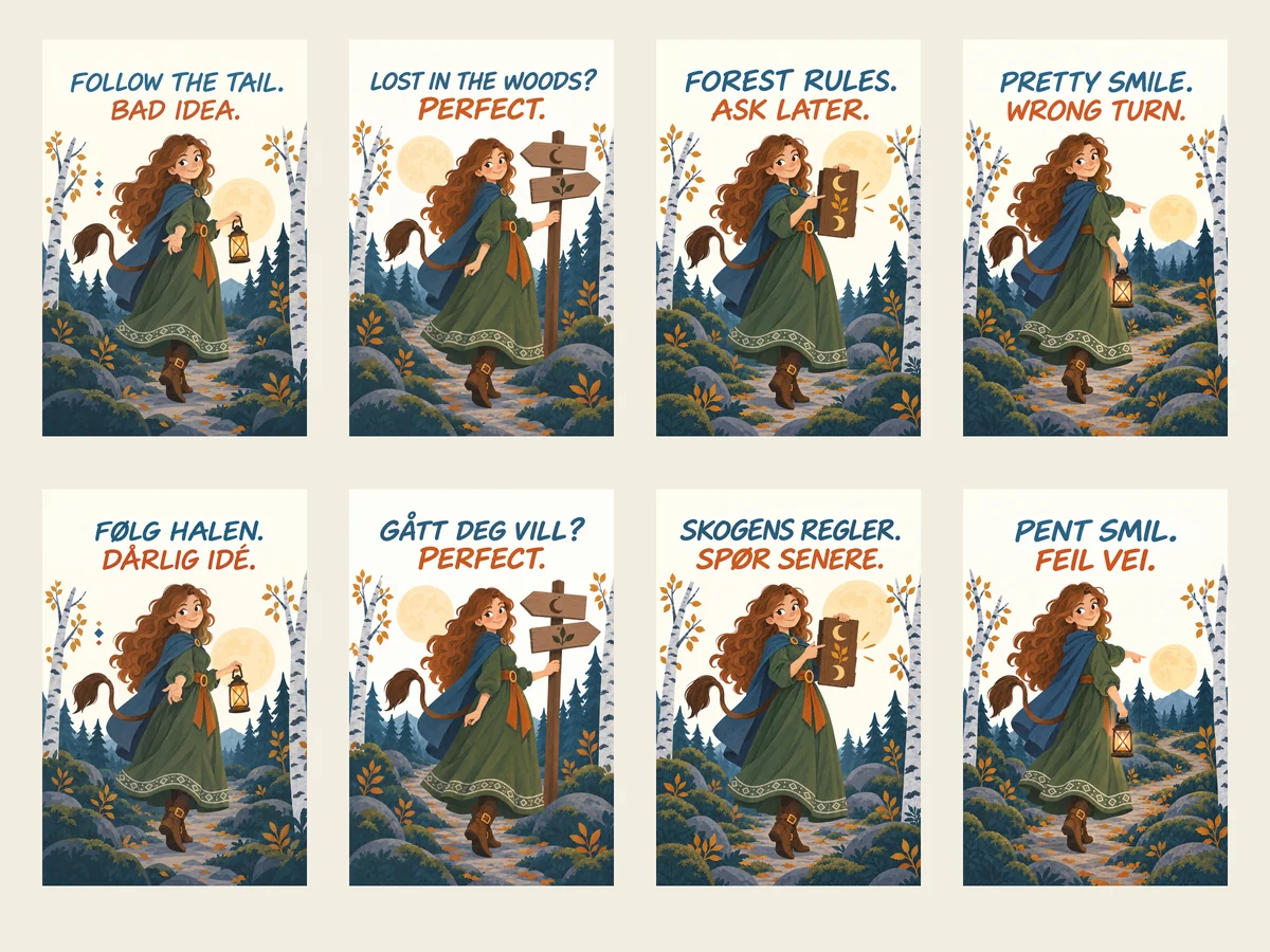 Bilingual gallery showing four designs in English and Norwegian Bokmål: four flat scandinavian halloween posters featuring huldra in a moonlit nordic forest