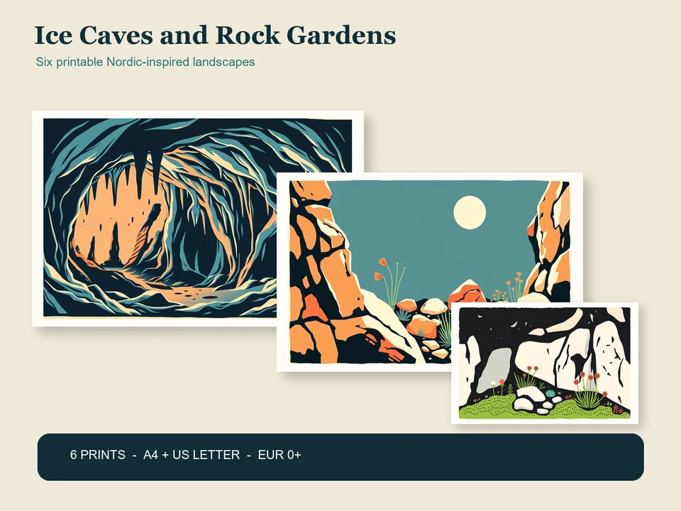 Three framed Nordic-inspired landscapes show a luminous cave, an alpine sun garden and a pale moonlit rock garden beneath the title Ice Caves and Rock Gardens and a EUR 0+ offer