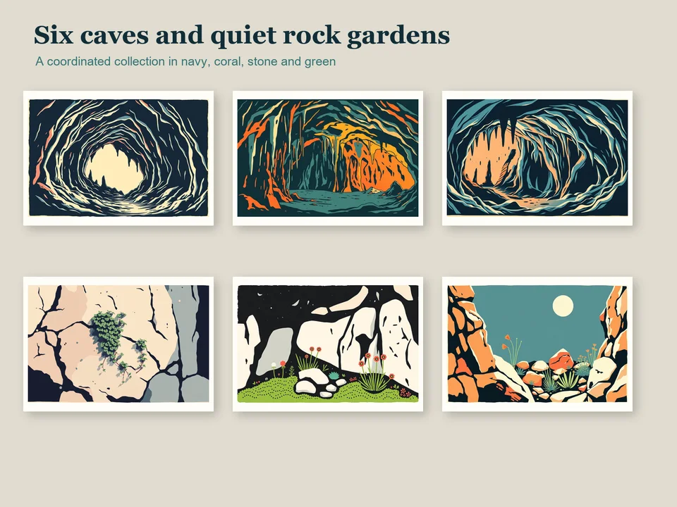 All six printable cave, hanging-plant and alpine rock-garden landscapes arranged in a coordinated two-row gallery