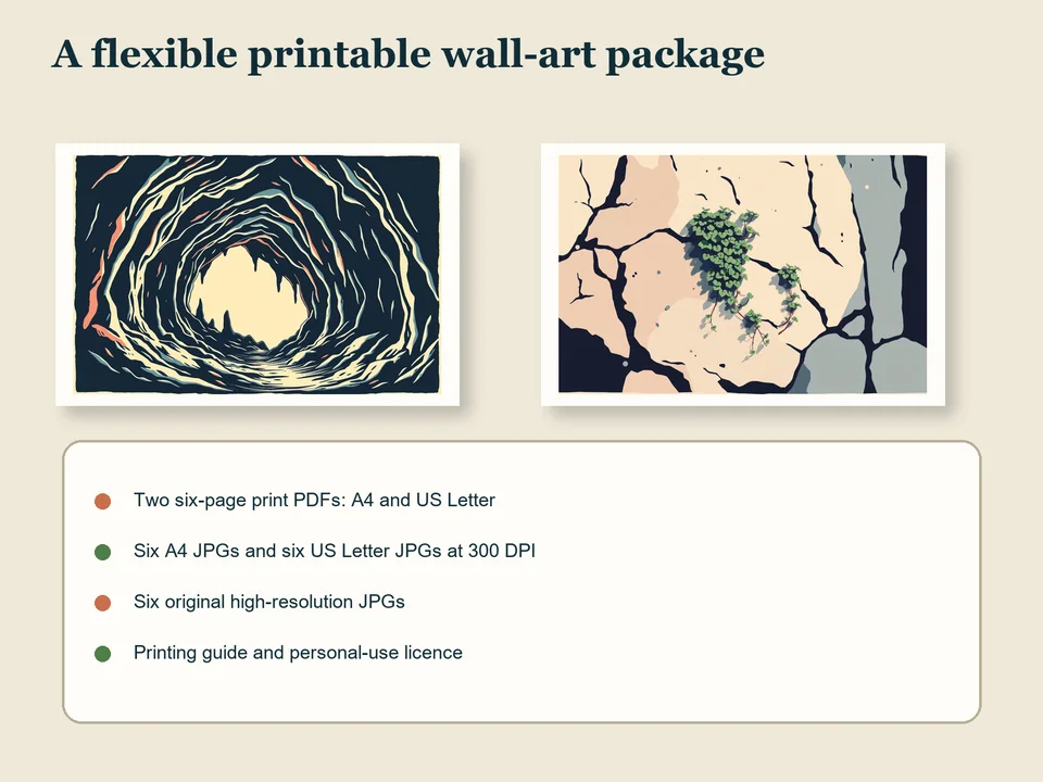 Two framed landscape prints above a list of the included A4, US Letter, high-resolution JPG and printing-guide files
