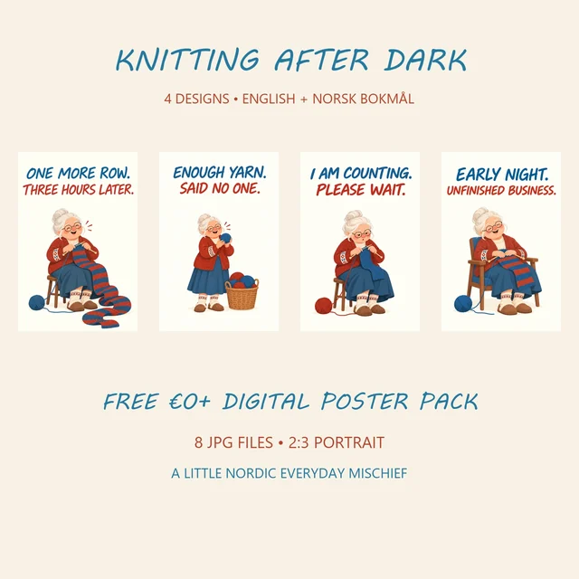 Four humorous Scandinavian-style Knitting After Dark poster designs with cream backgrounds and blue-and-red lettering