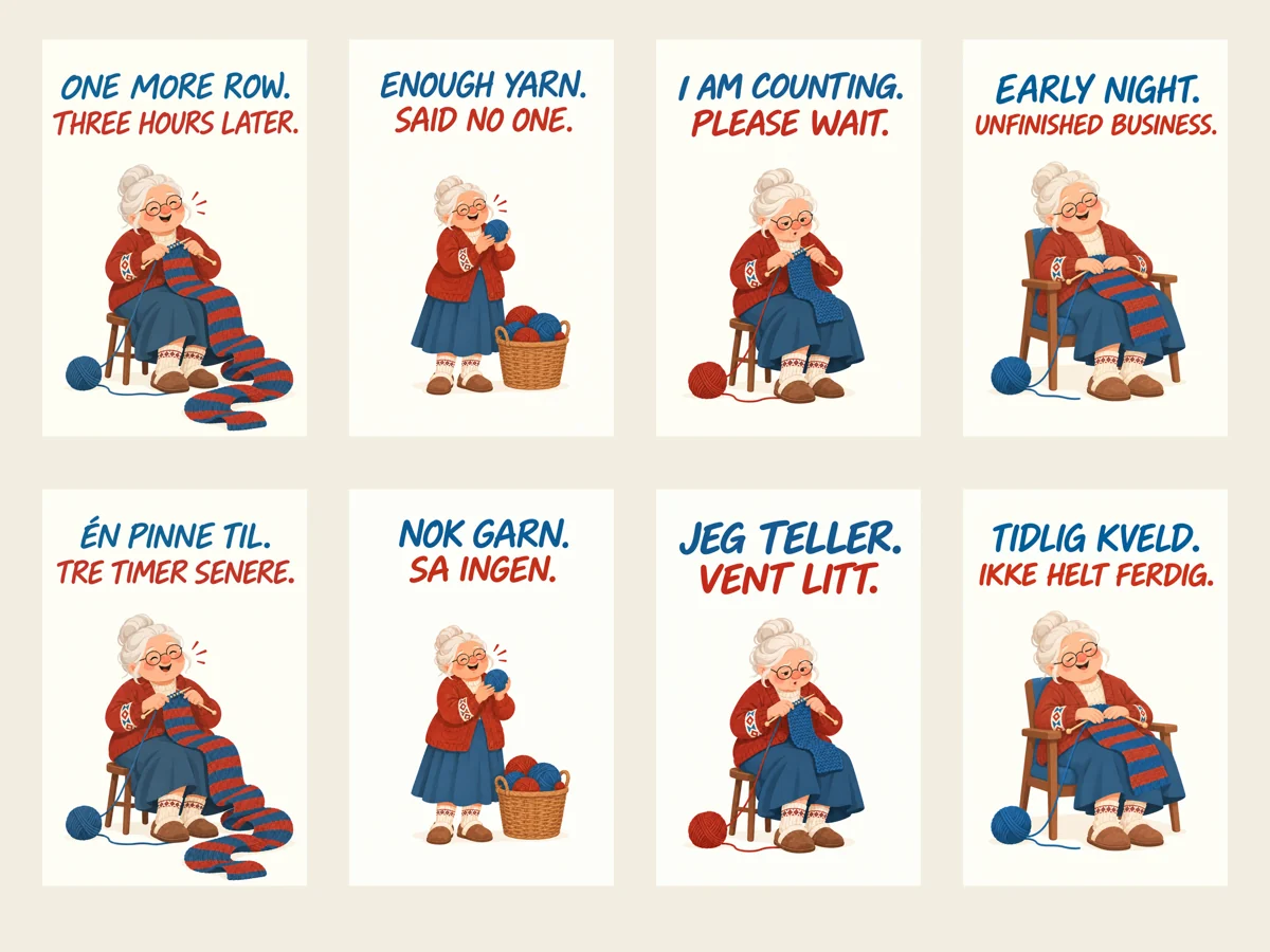 Bilingual gallery: four Knitting After Dark designs in English and Norwegian Bokmål