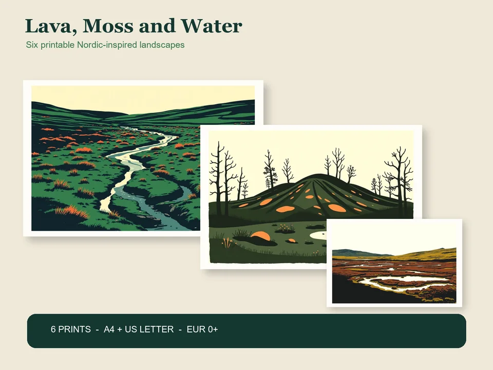 Three framed Nordic-inspired landscapes show a deep green moss stream, a dark lava mound and rust-coloured marsh pools beneath the title Lava, Moss and Water and a EUR 0+ offer