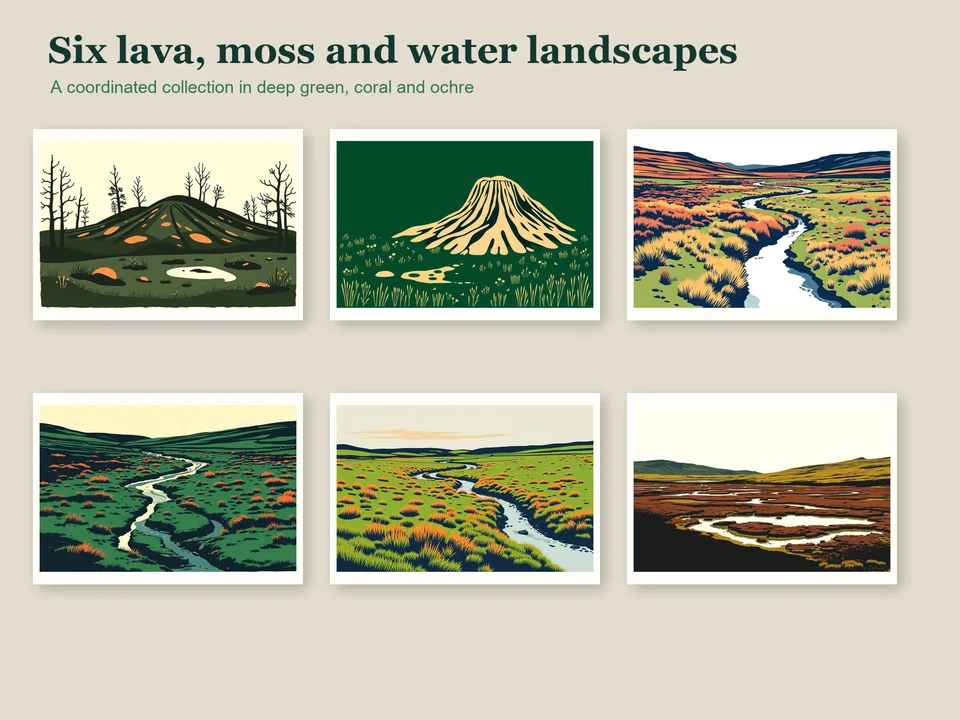 All six printable lava, moss, river and marsh landscapes arranged in a coordinated two-row gallery