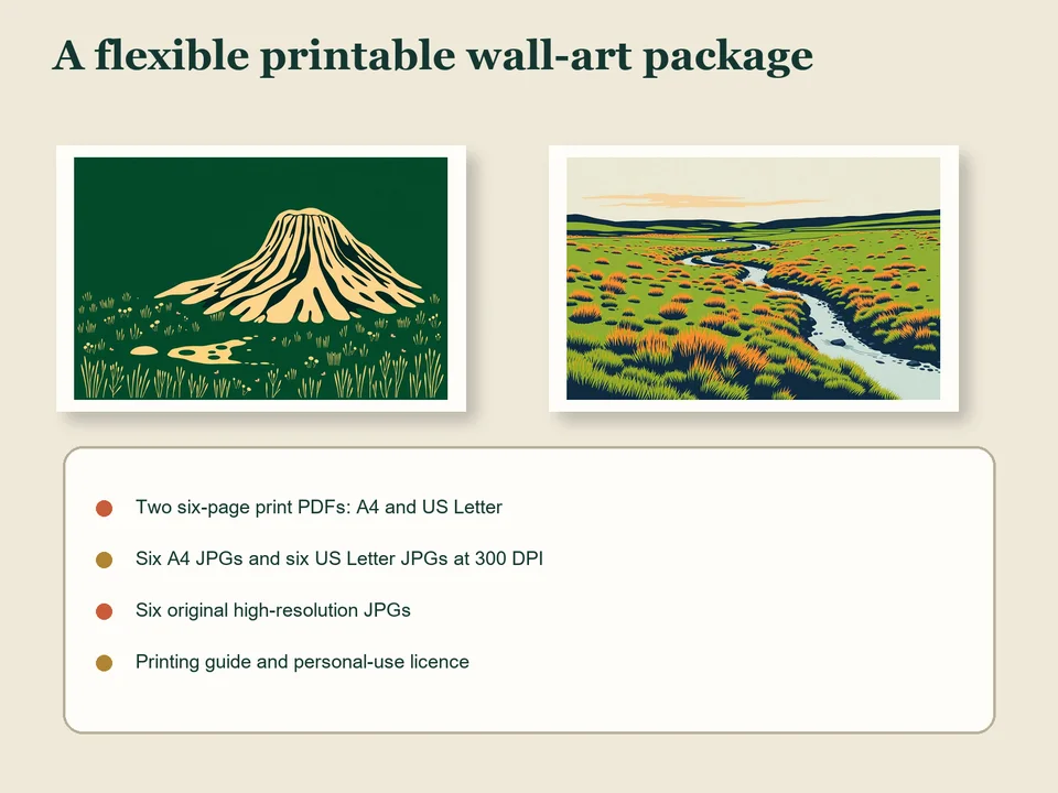 Two framed landscape prints above a list of the included A4, US Letter, high-resolution JPG and printing-guide files