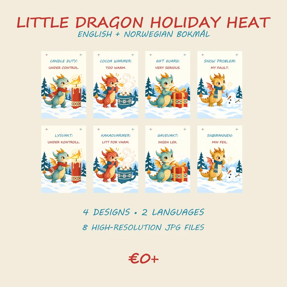 Four printable Christmas posters showing little dragons managing candles, cocoa, gifts and snow