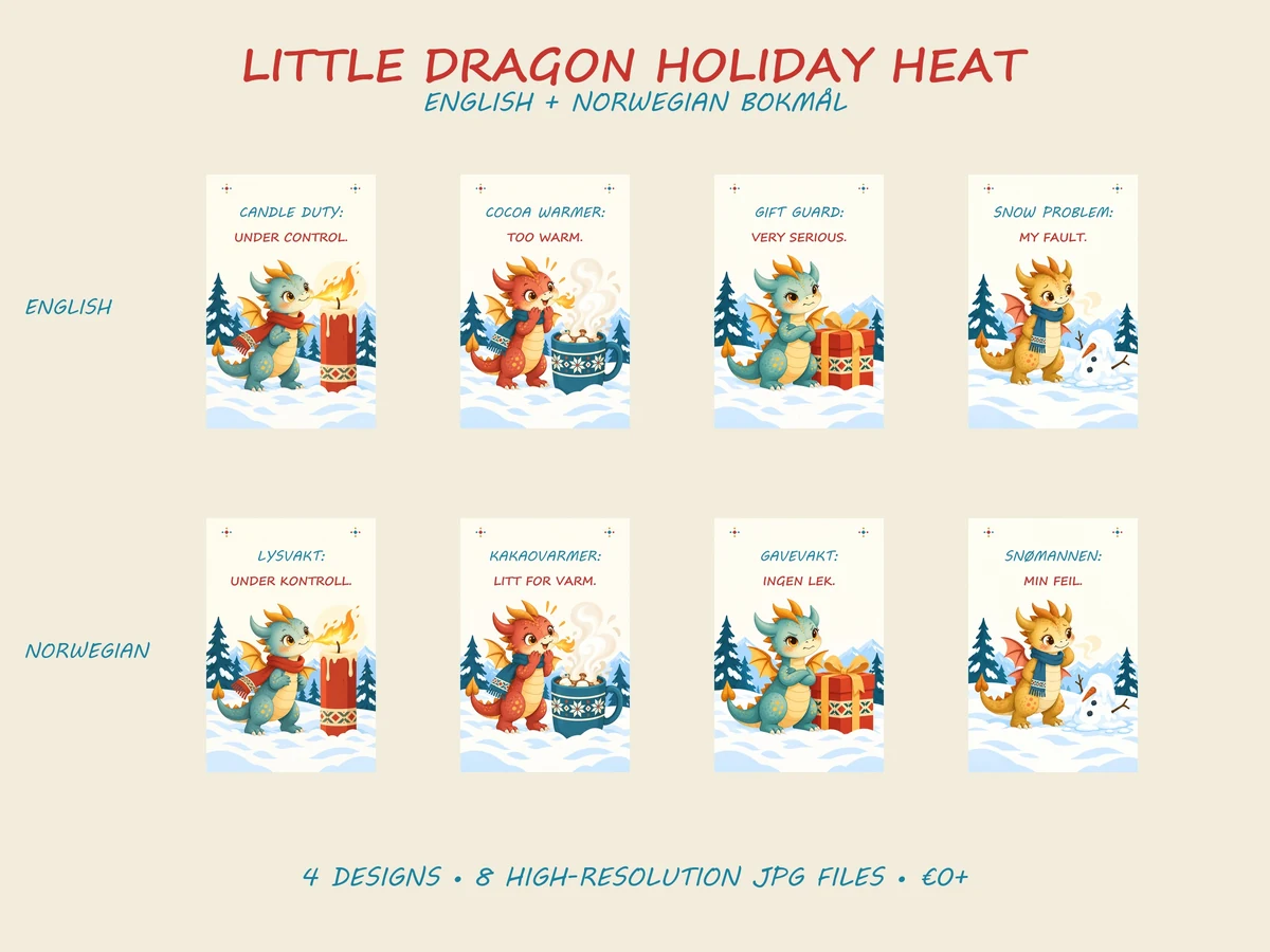 English and Norwegian Bokmål previews of the four coordinated Christmas poster designs